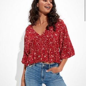NEVER WORN American Eagle Red Floral Cropped Babydoll Blouse